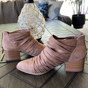 Fergalicious Strappy Tan Ankle Booties- Size 6